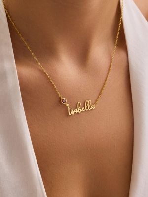 Gold Name Necklace with Birthstone