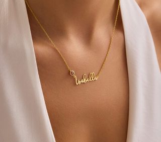 Gold Name Necklace with Birthstone